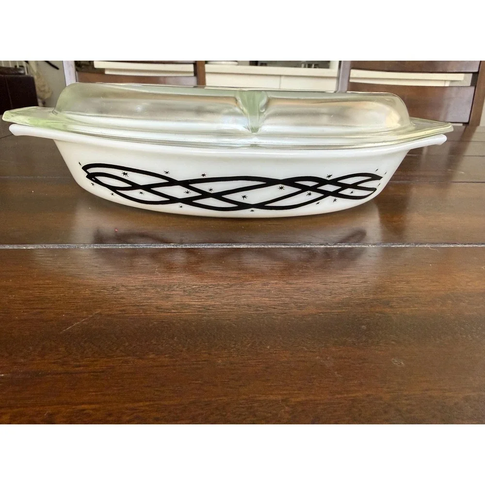 VTG MCM Rare Pyrex Stars & Barbed Wire Divided Oval Casserole Dish & Lid